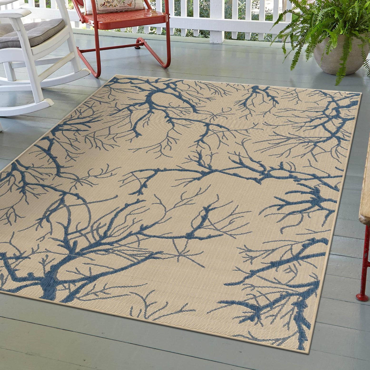 Beige and Blue Botanical Branch Outdoor Area Rug 7' x 10'