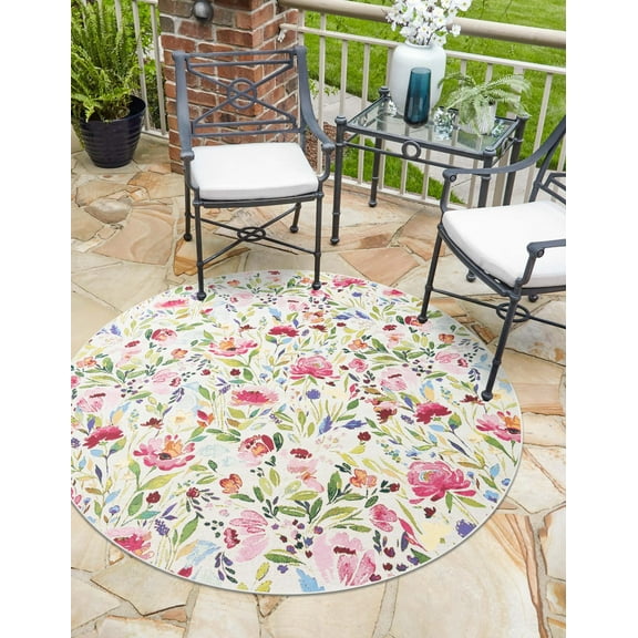 Unique Loom Outdoor Botanical Collection Area Rug - Buttercup (4' 1" Round Multi/Blue)