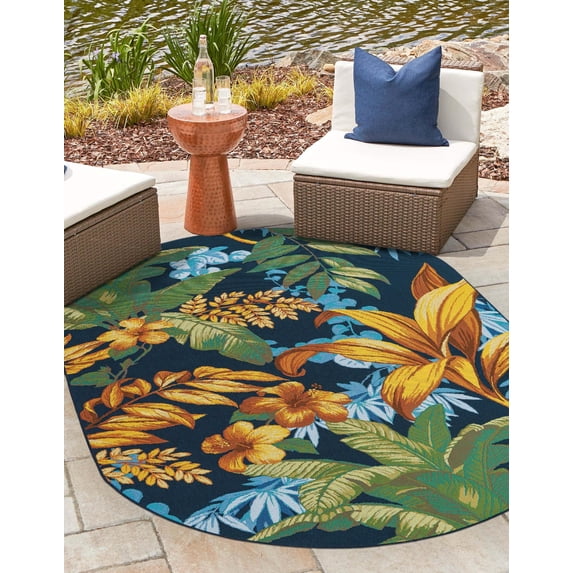 Unique Loom Outdoor Botanical Collection Area Rug - Calypso (5' 3" x 8' Oval Multi/Light Blue)