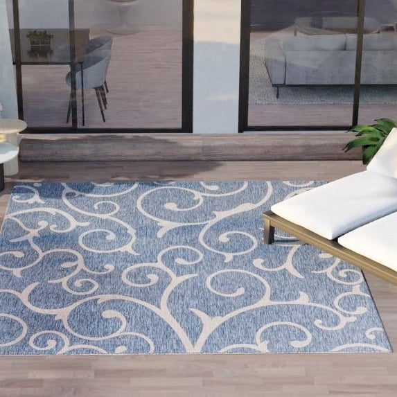 Unique Loom Outdoor Botanical Collection Area Rug - Curl (10' 8" Square Blue/Ivory)