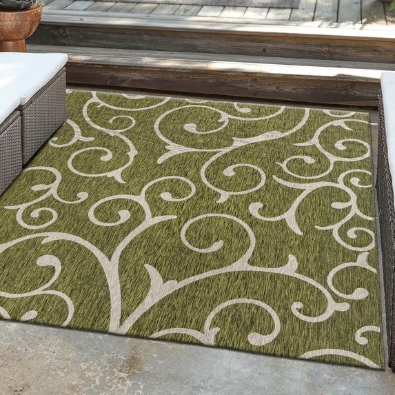 Unique Loom Outdoor Botanical Collection Area Rug - Curl (10' 8" Square Green/Ivory)
