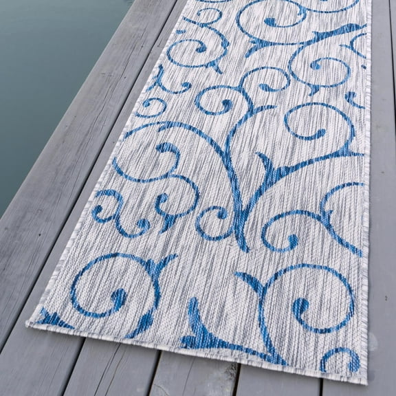 Unique Loom Outdoor Botanical Collection Area Rug - Curl (2' x 6' 1" Runner Gray/Navy Blue)