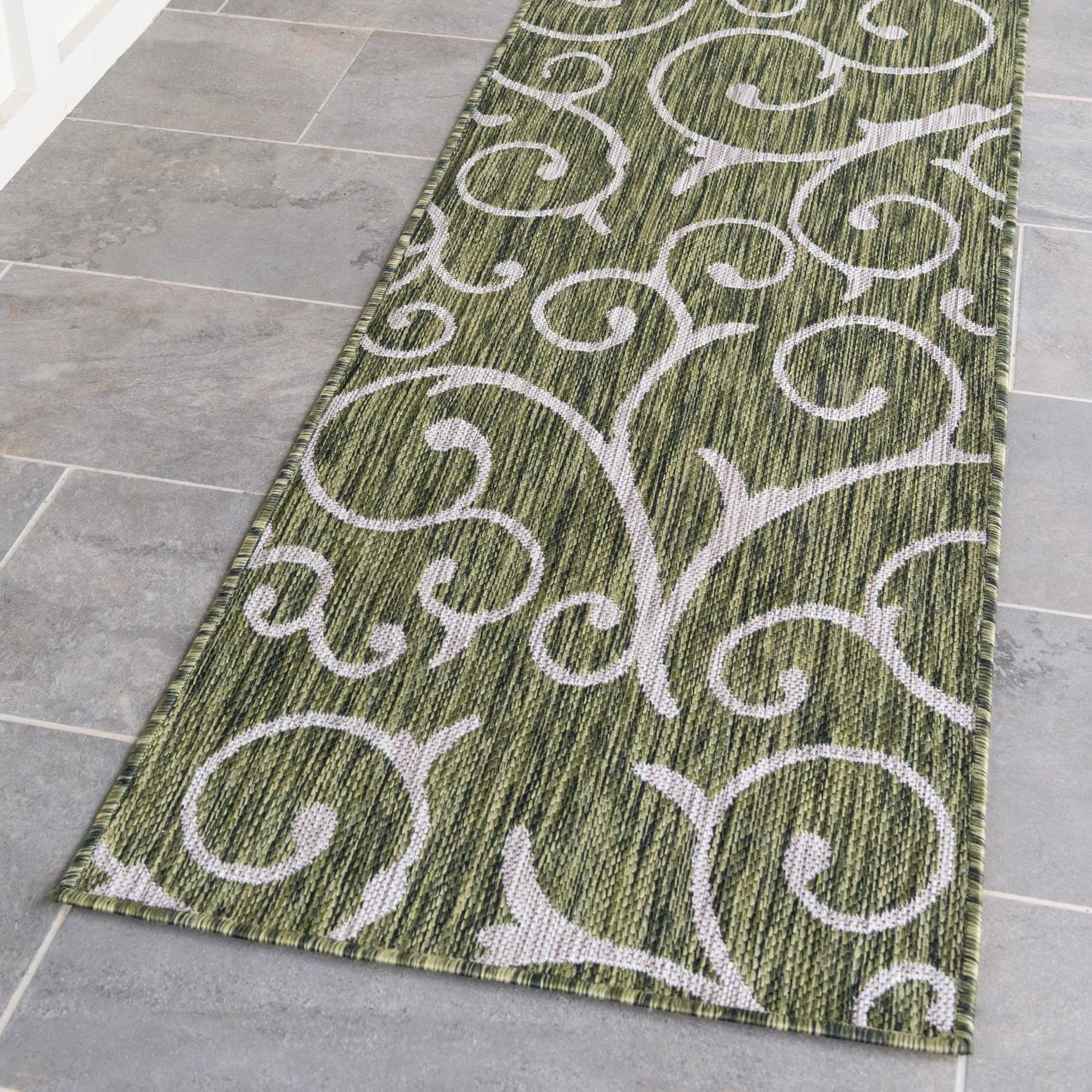 Green and Ivory Abstract Outdoor Runner Rug