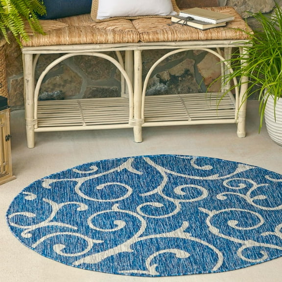 Unique Loom Outdoor Botanical Collection Area Rug - Curl (4' 1" Round Blue/Ivory)