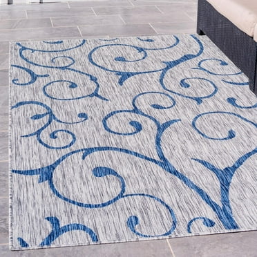 Unique Loom Outdoor Botanical Collection Area Rug - Curl (4' x 6' Rectangle Gray/Navy Blue)