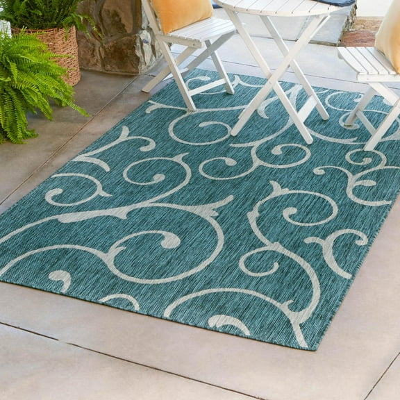 Unique Loom Outdoor Botanical Collection Area Rug - Curl (5' 1" x 8' Rectangle Teal/Ivory)