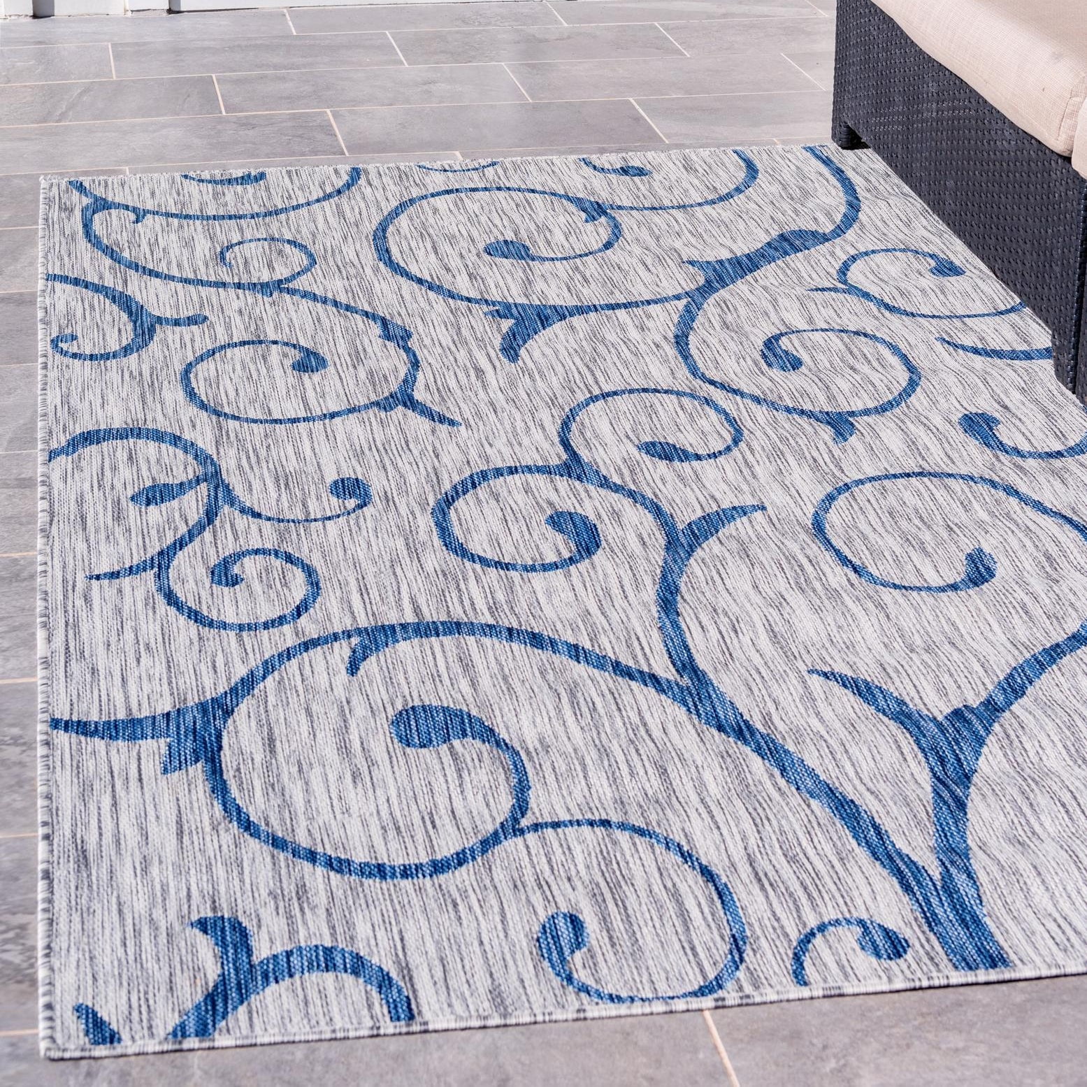 Gray and Blue Rectangular Outdoor Synthetic Rug