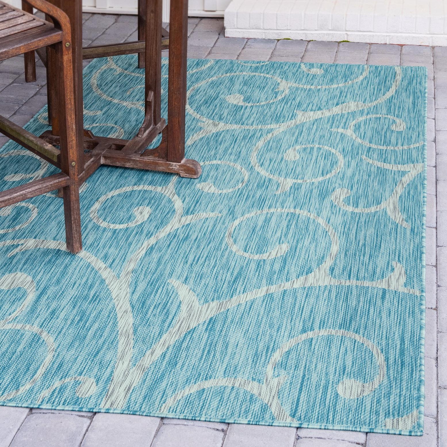 Aqua Blue 9' x 12' Abstract Synthetic Outdoor Rug