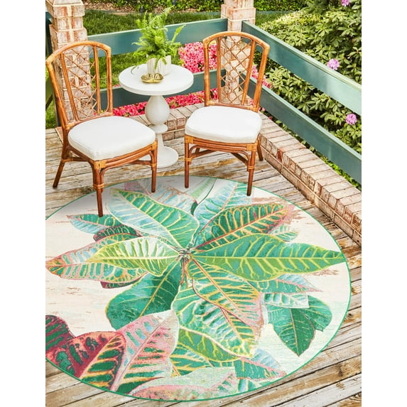 Unique Loom Outdoor Botanical Collection Area Rug - Foliage (7' 1" Round Multi/Blue)