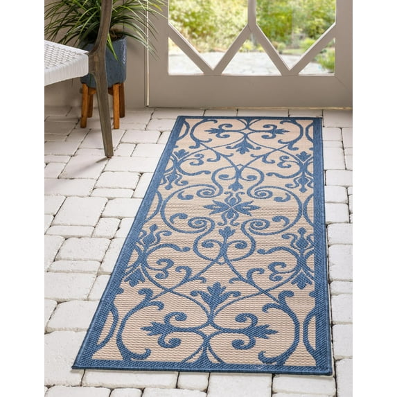 Unique Loom Outdoor Botanical Collection Area Rug - Gate (2' 2" x 6' 1" Runner Blue/Beige)