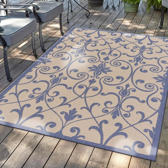 Unique Loom Outdoor Botanical Collection Area Rug - Gate (9' x 12' 2" Rectangle Blue/Beige)