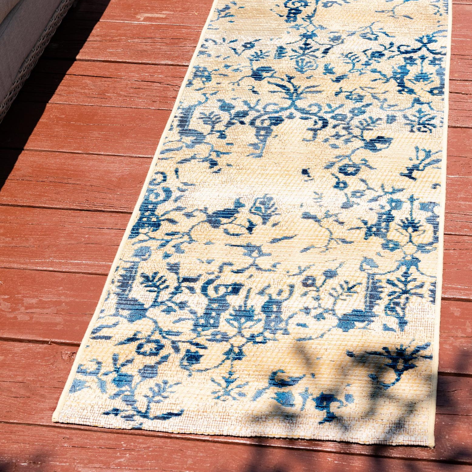 Blue and Brown Synthetic Flat Woven Reversible Runner
