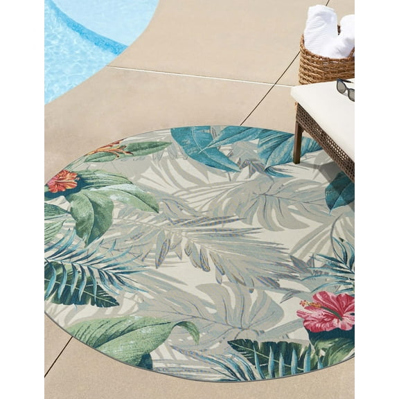 Unique Loom Outdoor Botanical Collection Area Rug - Kula (4' 1" Round Multi/Gray)