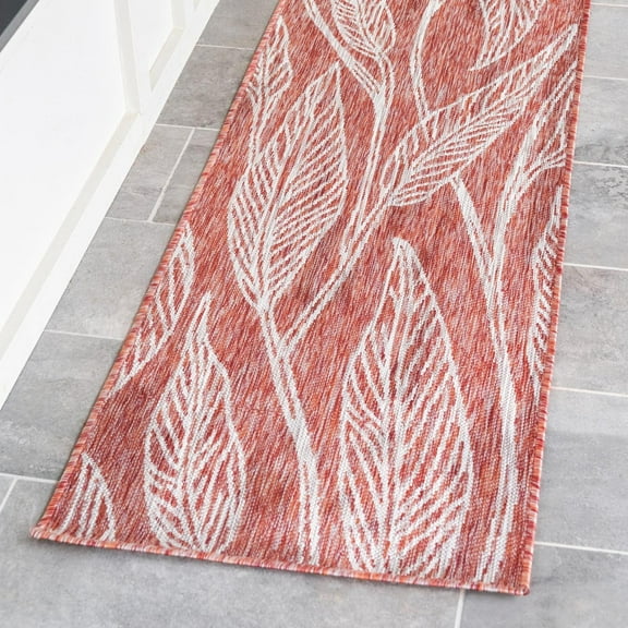 Unique Loom Outdoor Botanical Collection Area Rug - Leaf (2' x 6' 1" Runner Rust Red/Gray)