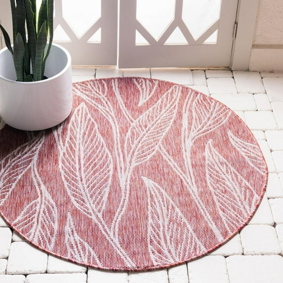 Unique Loom Outdoor Botanical Collection Area Rug - Leaf (4' 1" Round Rust Red/Gray)