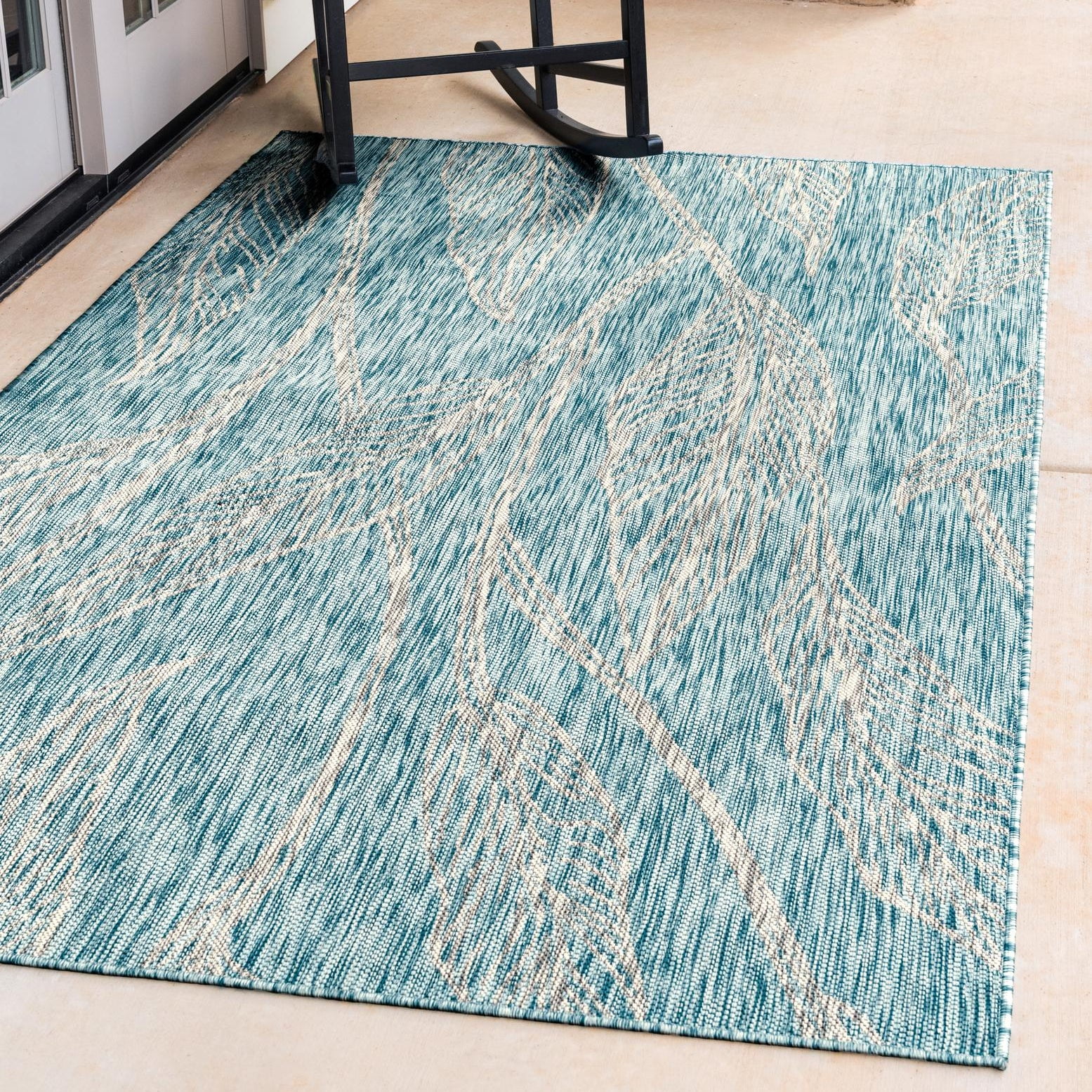 Aqua Blue Abstract 6' x 9' Easy-Care Synthetic Outdoor Rug