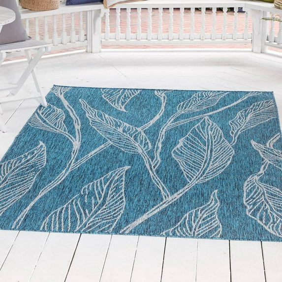 Unique Loom Outdoor Botanical Collection Area Rug - Leaf (7' 1" x 10' Rectangle Teal/Ivory)
