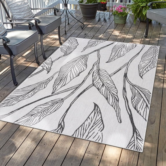 Unique Loom Outdoor Botanical Collection Area Rug - Leaf (7' 10" x 11' Rectangle Charcoal Ivory)