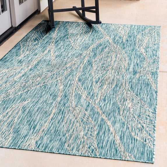 Unique Loom Outdoor Botanical Collection Area Rug - Leaf (9' x 12' 2" Rectangle Light Aqua/Ivory)