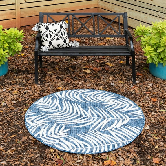 Unique Loom Outdoor Botanical Collection Area Rug - Palm (10' Round Blue/Navy Blue)