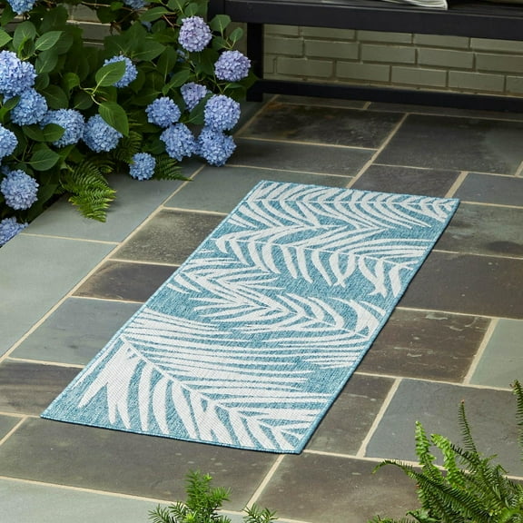 Unique Loom Outdoor Botanical Collection Area Rug - Palm (2' x 6' 1" Runner Light Aqua/Ivory)