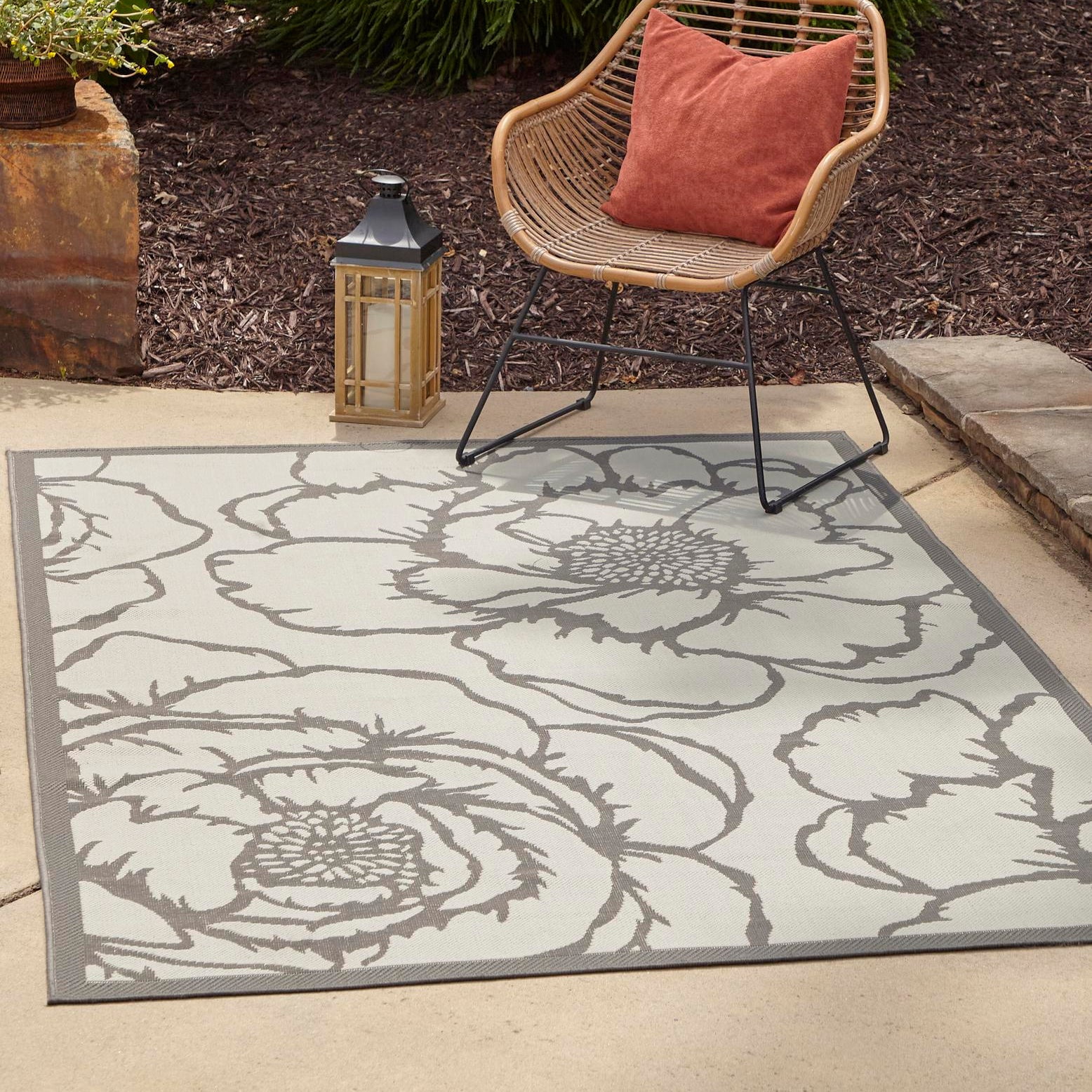 Modern Gray Abstract Outdoor Rug 7'1" x 10' Rectangular Synthetic Easy Care
