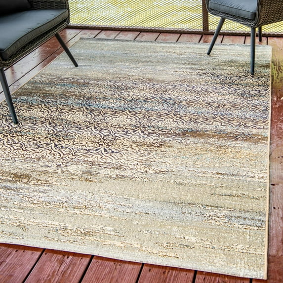 Unique Loom Outdoor Botanical Collection Area Rug - Transitional (10' x 12' 2" Rectangle Beige/Blue)