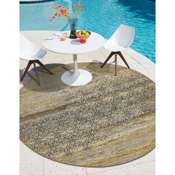 Unique Loom Outdoor Botanical Collection Area Rug - Transitional (8' Round Beige/Blue)