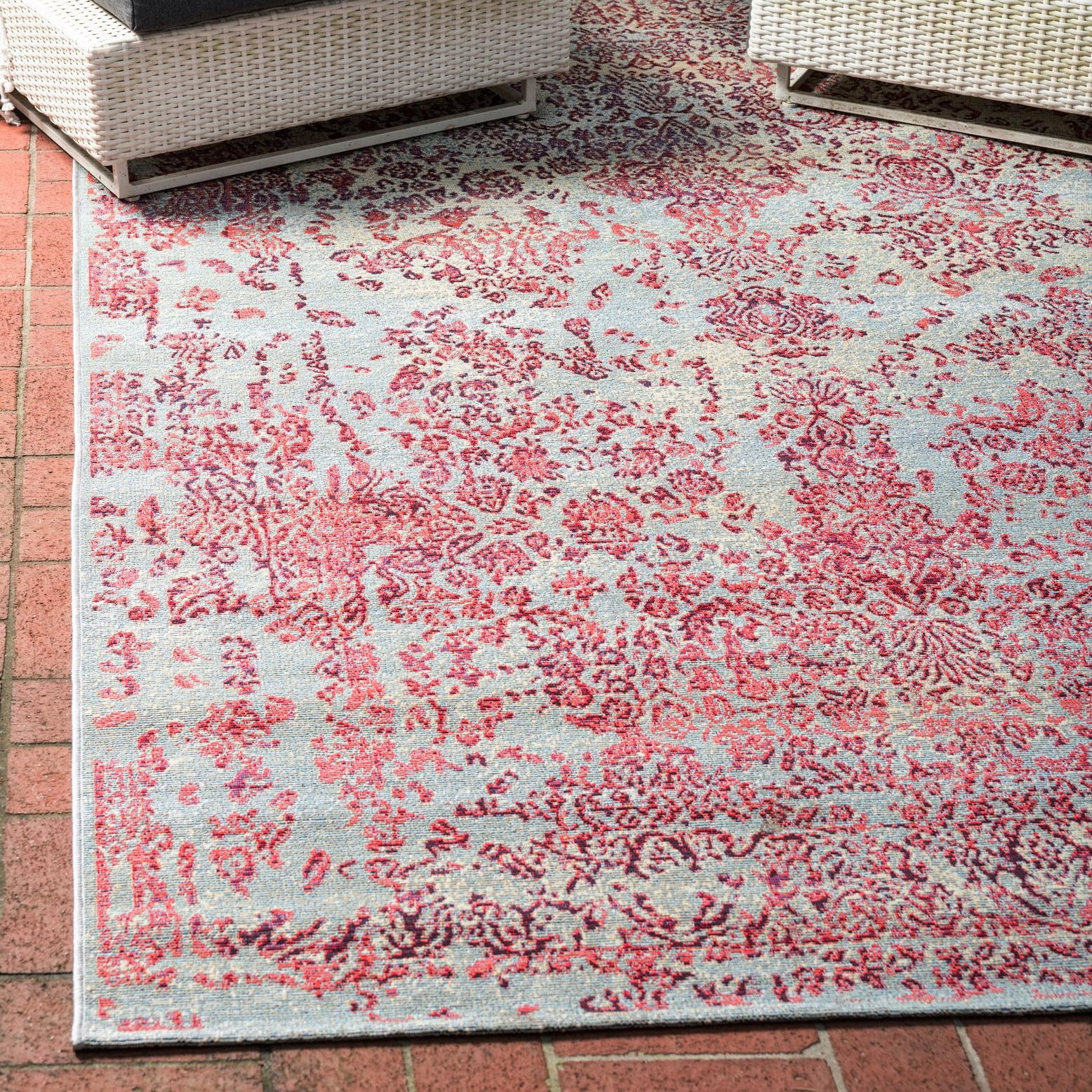 Light Blue and Red Abstract Outdoor Flatweave Rug