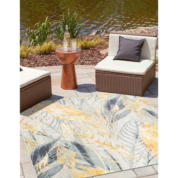 Unique Loom Outdoor Botanical Collection Area Rug - Winnow (10' Square Gray Ivory Yellow)