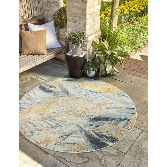 Unique Loom Outdoor Botanical Collection Area Rug - Winnow (4' 1" Round Gray Ivory Yellow)