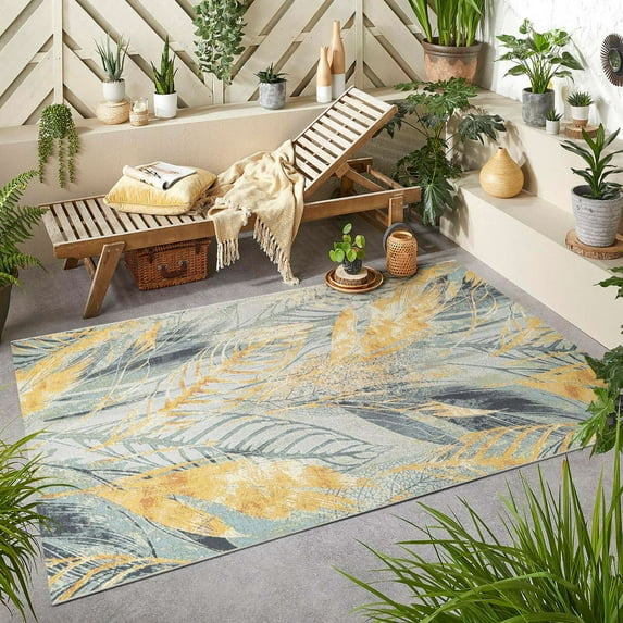 Unique Loom Outdoor Botanical Collection Area Rug - Winnow (5' 3" x 8' Rectangle Gray Ivory Yellow)
