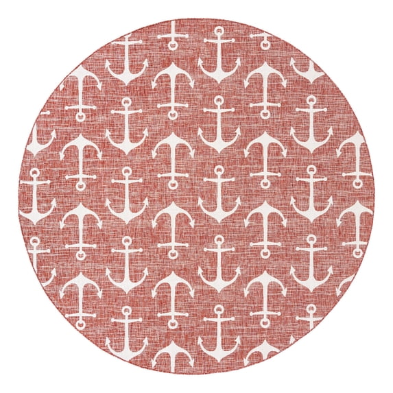 Unique Loom Outdoor Coastal Collection Area Rug - Ahoy (10' Round Rust Red/Ivory)