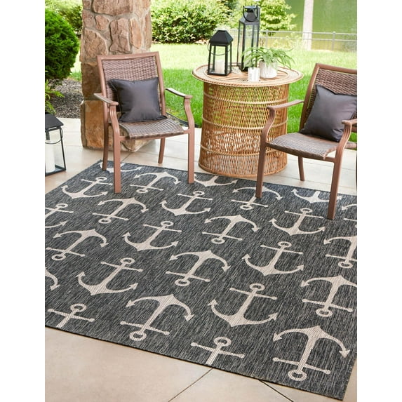 Unique Loom Outdoor Coastal Collection Area Rug - Ahoy (10' Square Charcoal/Ivory)