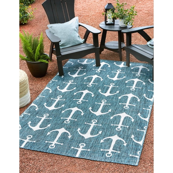 Unique Loom Outdoor Coastal Collection Area Rug - Ahoy (10' x 14' Rectangle Teal/Ivory)