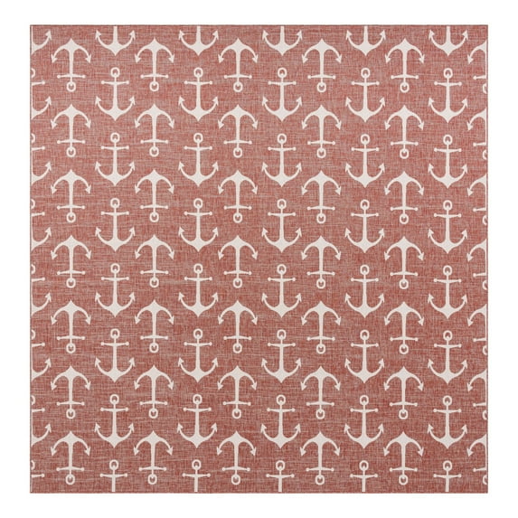 Unique Loom Outdoor Coastal Collection Area Rug - Ahoy (13' Square Rust Red/Ivory)
