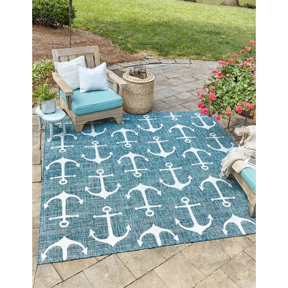 Unique Loom Outdoor Coastal Collection Area Rug - Ahoy (13' Square Teal/Ivory)