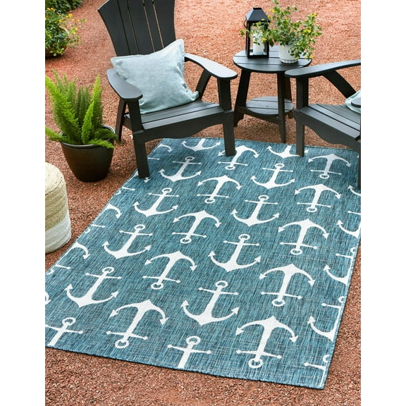 Unique Loom Outdoor Coastal Collection Area Rug - Ahoy (2' 2" x 3' Rectangle Teal/Ivory)