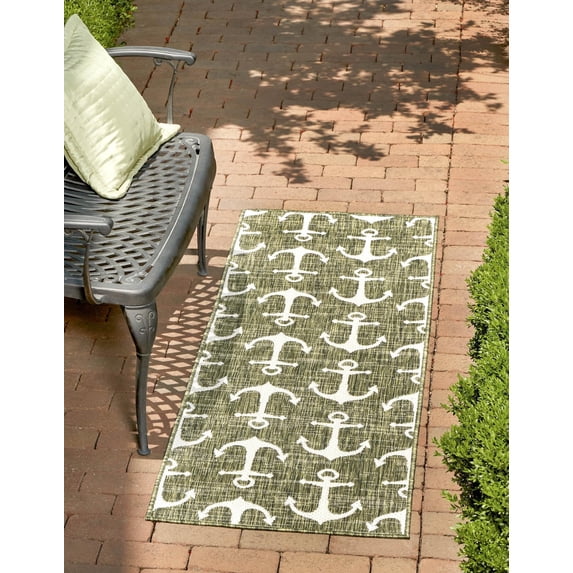 Unique Loom Outdoor Coastal Collection Area Rug - Ahoy (2' x 7' 10" Runner Green/Ivory)