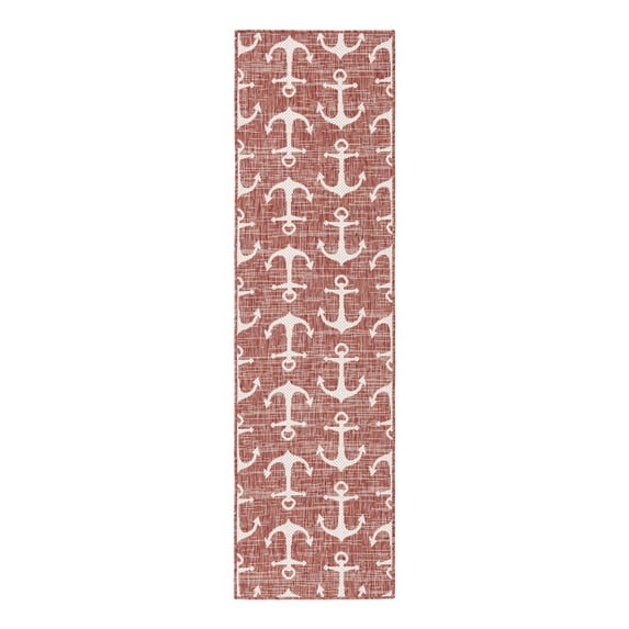 Unique Loom Outdoor Coastal Collection Area Rug - Ahoy (2' x 8' Runner Rust Red/Ivory)