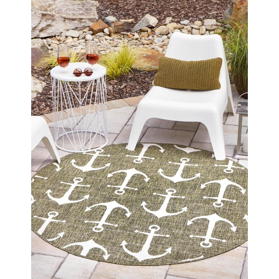 Unique Loom Outdoor Coastal Collection Area Rug - Ahoy (3' 3" Round Green/Ivory)