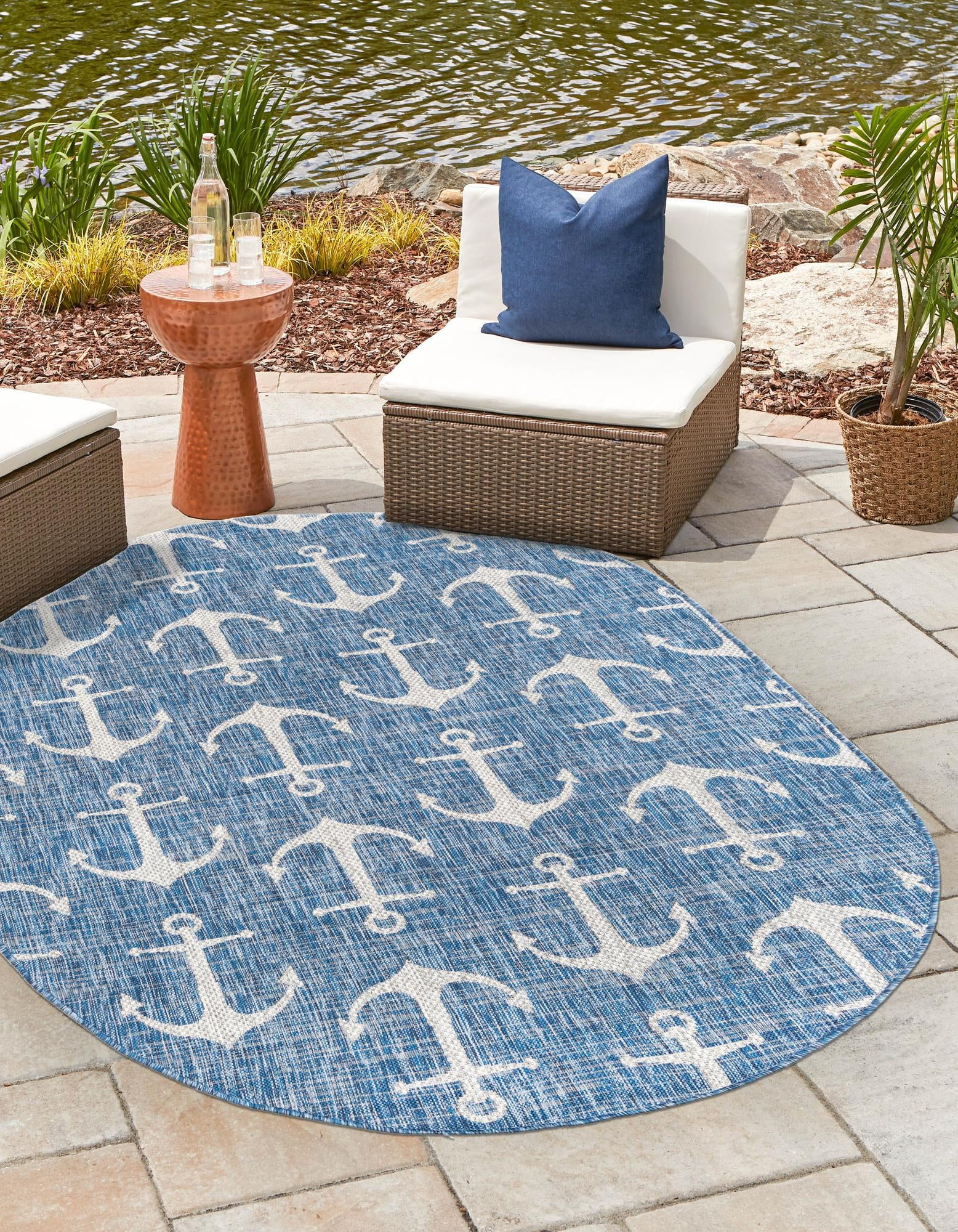 Oval Blue and Gray Synthetic Kids' Outdoor Rug