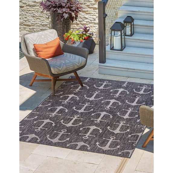 Unique Loom Outdoor Coastal Collection Area Rug - Ahoy (3' 3" x 5' 3" Rectangle Charcoal/Ivory)