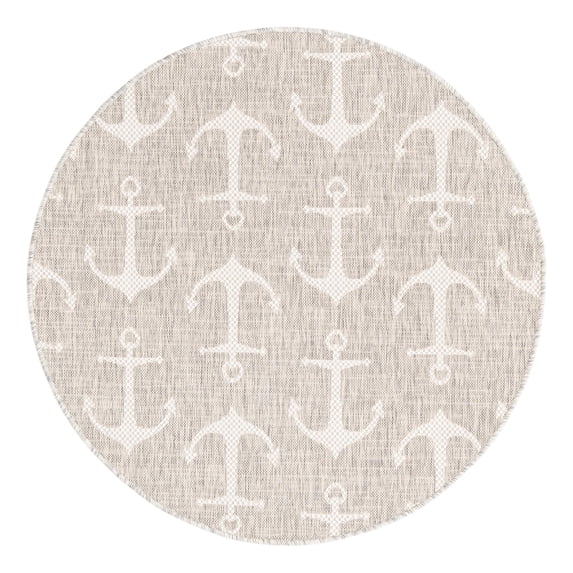 Unique Loom Outdoor Coastal Collection Area Rug - Ahoy (4' 1" Round Gray/Ivory)