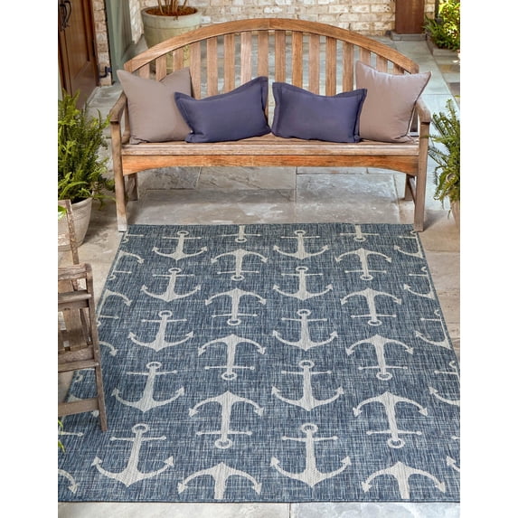 Unique Loom Outdoor Coastal Collection Area Rug - Ahoy (4' x 6' Rectangle Blue/Ivory)