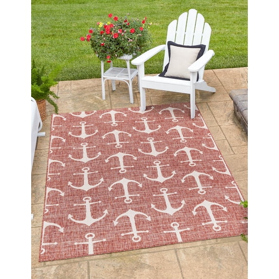 Unique Loom Outdoor Coastal Collection Area Rug - Ahoy (4' x 6' Rectangle Rust Red/Ivory)