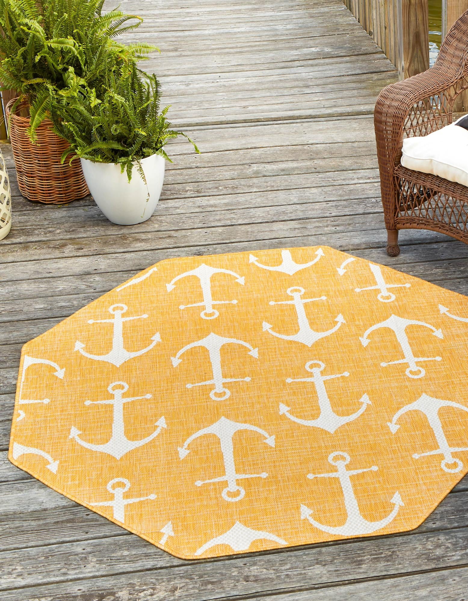 Yellow Octagon Outdoor Synthetic Rug with White Anchor Pattern