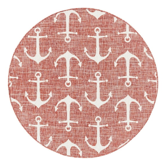 Unique Loom Outdoor Coastal Collection Area Rug - Ahoy (5' 3" Round Rust Red/Ivory)