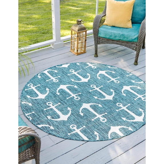 Unique Loom Outdoor Coastal Collection Area Rug - Ahoy (5' 3" Round Teal/Ivory)