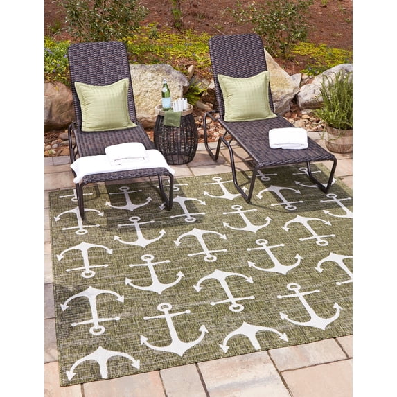 Unique Loom Outdoor Coastal Collection Area Rug - Ahoy (5' 3" Square Green/Ivory)